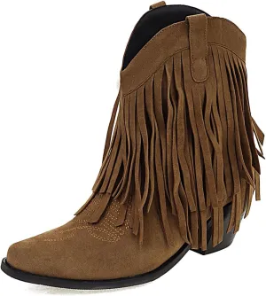Tassel Ankle Cowboy Boots Woman Embroider Fringe Western Boots Round Toe Chunky Heel Pull On Cowgirl Boots