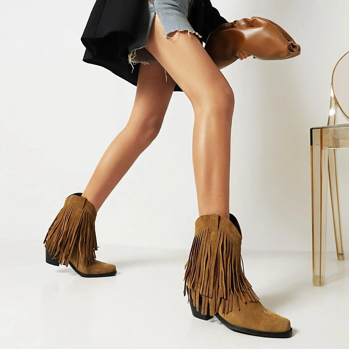 Tassel Ankle Cowboy Boots Woman Embroider Fringe Western Boots Round Toe Chunky Heel Pull On Cowgirl Boots