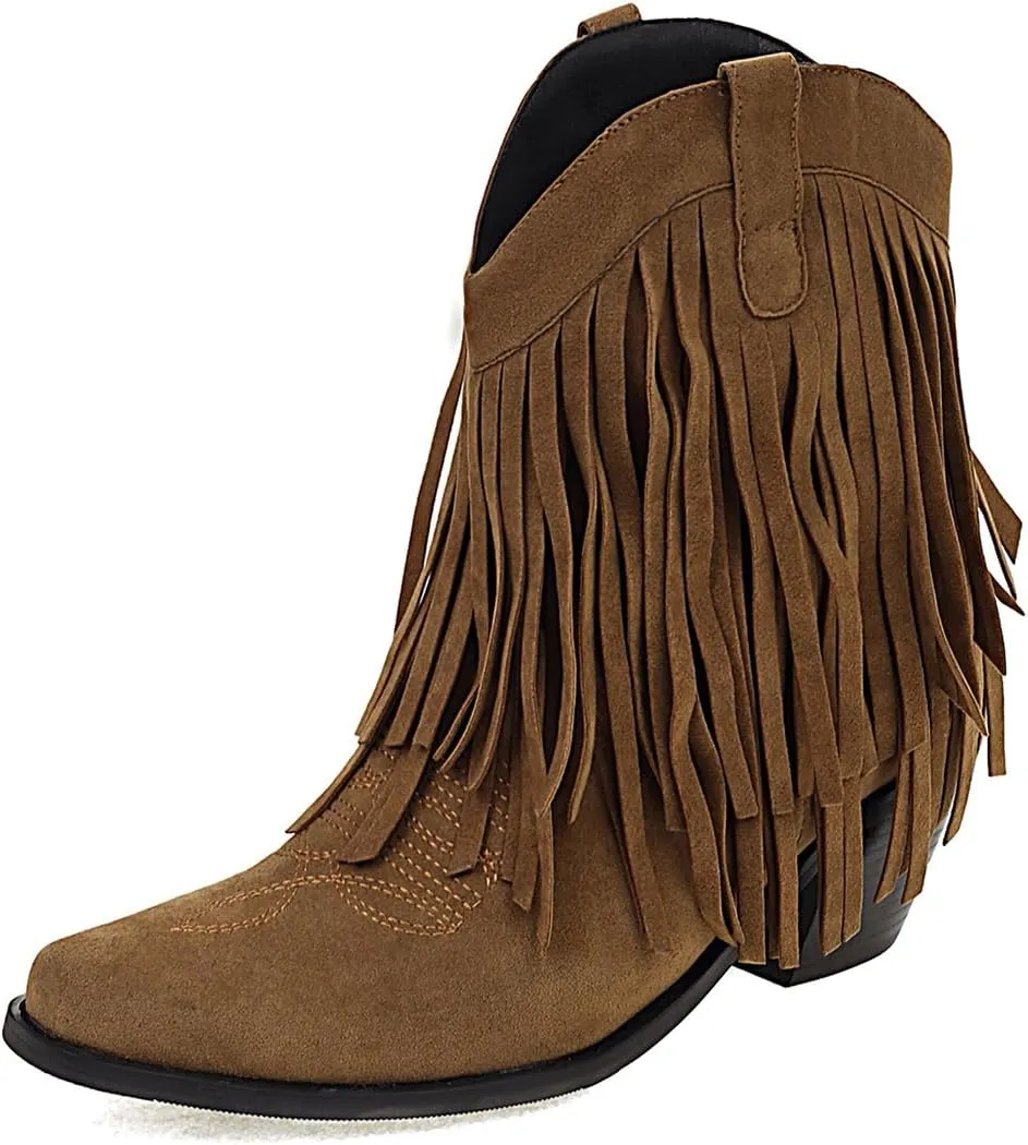 Tassel Ankle Cowboy Boots Woman Embroider Fringe Western Boots Round Toe Chunky Heel Pull On Cowgirl Boots