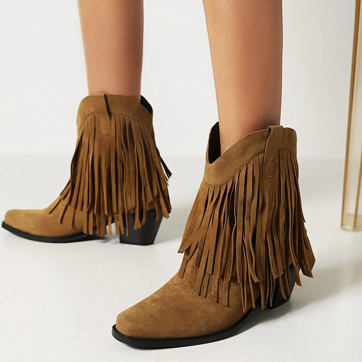 Tassel Ankle Cowboy Boots Woman Embroider Fringe Western Boots Round Toe Chunky Heel Pull On Cowgirl Boots