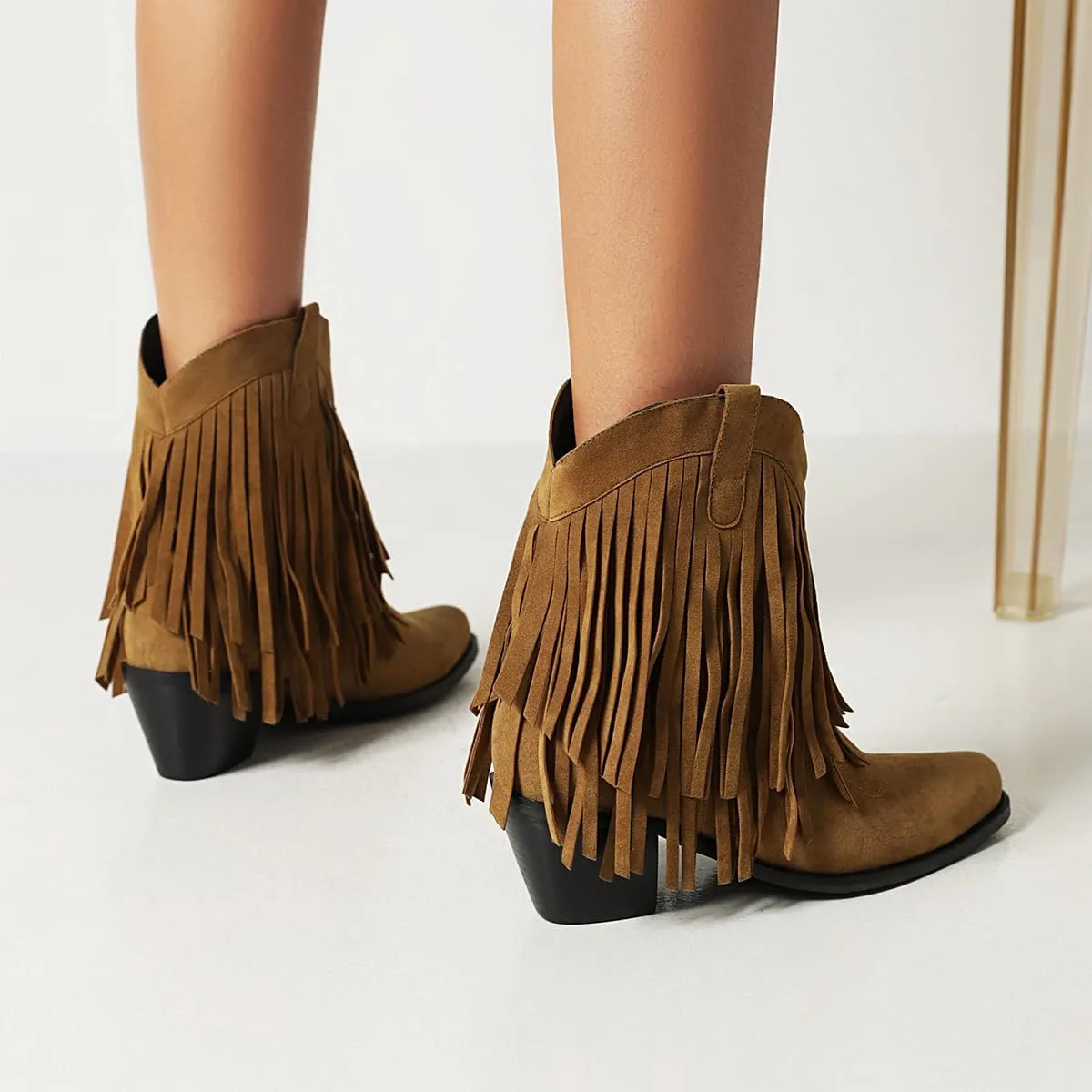 Tassel Ankle Cowboy Boots Woman Embroider Fringe Western Boots Round Toe Chunky Heel Pull On Cowgirl Boots