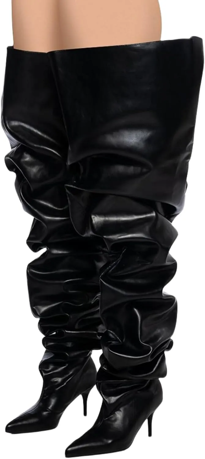 Thigh High Boots for Women Wide Calf Stiletto High Heel Over the Knee Pointed Toe Slouchy Stylish Pull On Long Boots