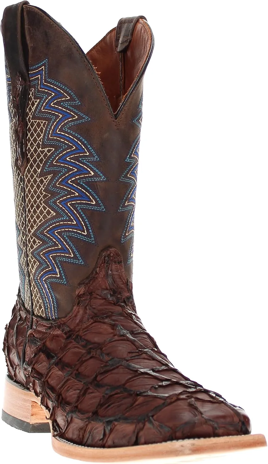 Vaccari Men's Dylan Genuine Arapama Fish Leather Broad Square Toe Cowboy Boots