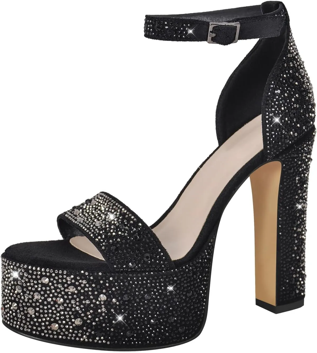 VERISSON Women's Rhinestone Block Heels Peep Toe Platform High Heels Faux Suede Sandals for Prom Dressing Party