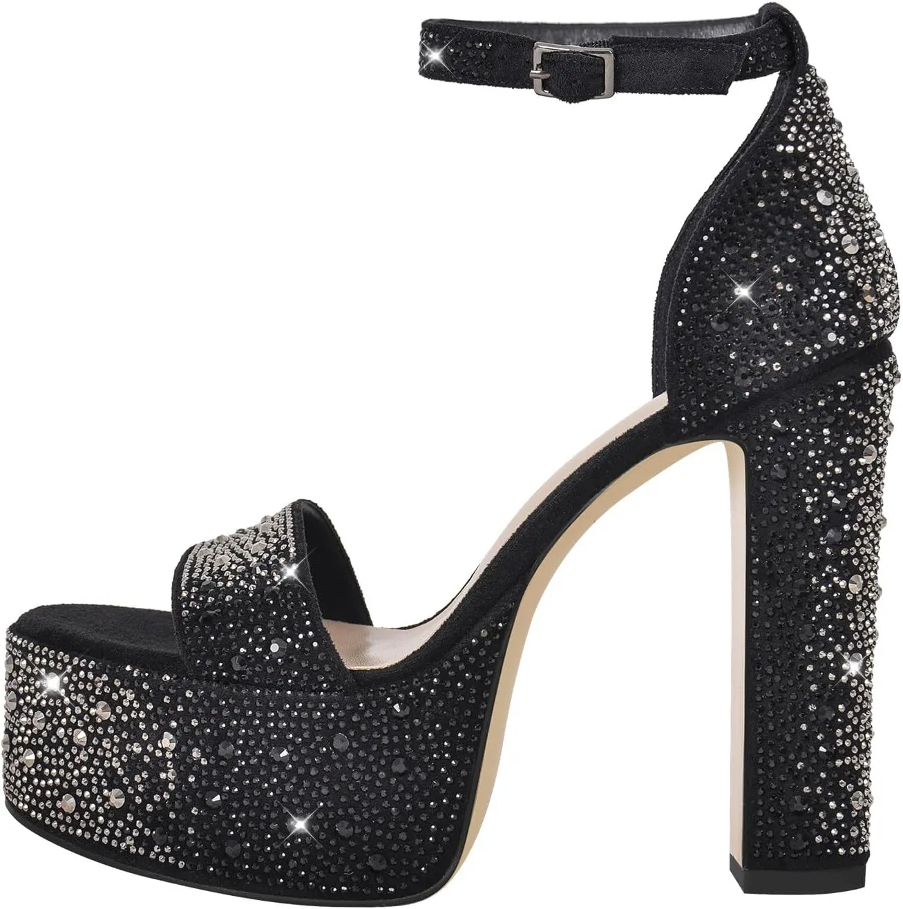 VERISSON Women's Rhinestone Block Heels Peep Toe Platform High Heels Faux Suede Sandals for Prom Dressing Party