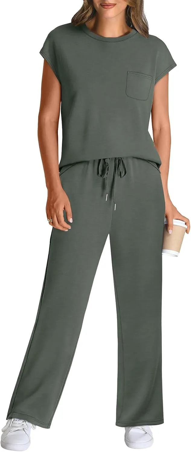 WIHOLL 2 Piece Sets for Women Casual Summer Travel Vacation Outfits Cap Sleeve Lounge Set