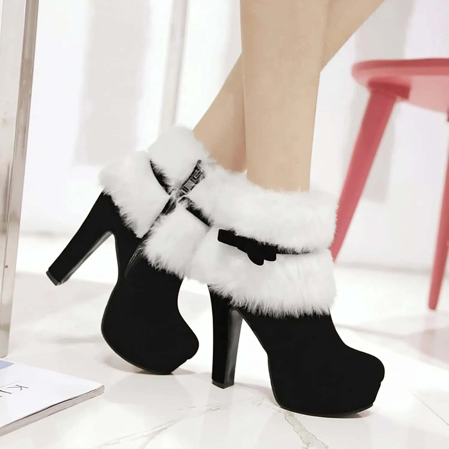 Winter Boots for Women Christmas Thick Heel High Heels Mid Calf Boots Shoes Womens Booties and Ankle Boots