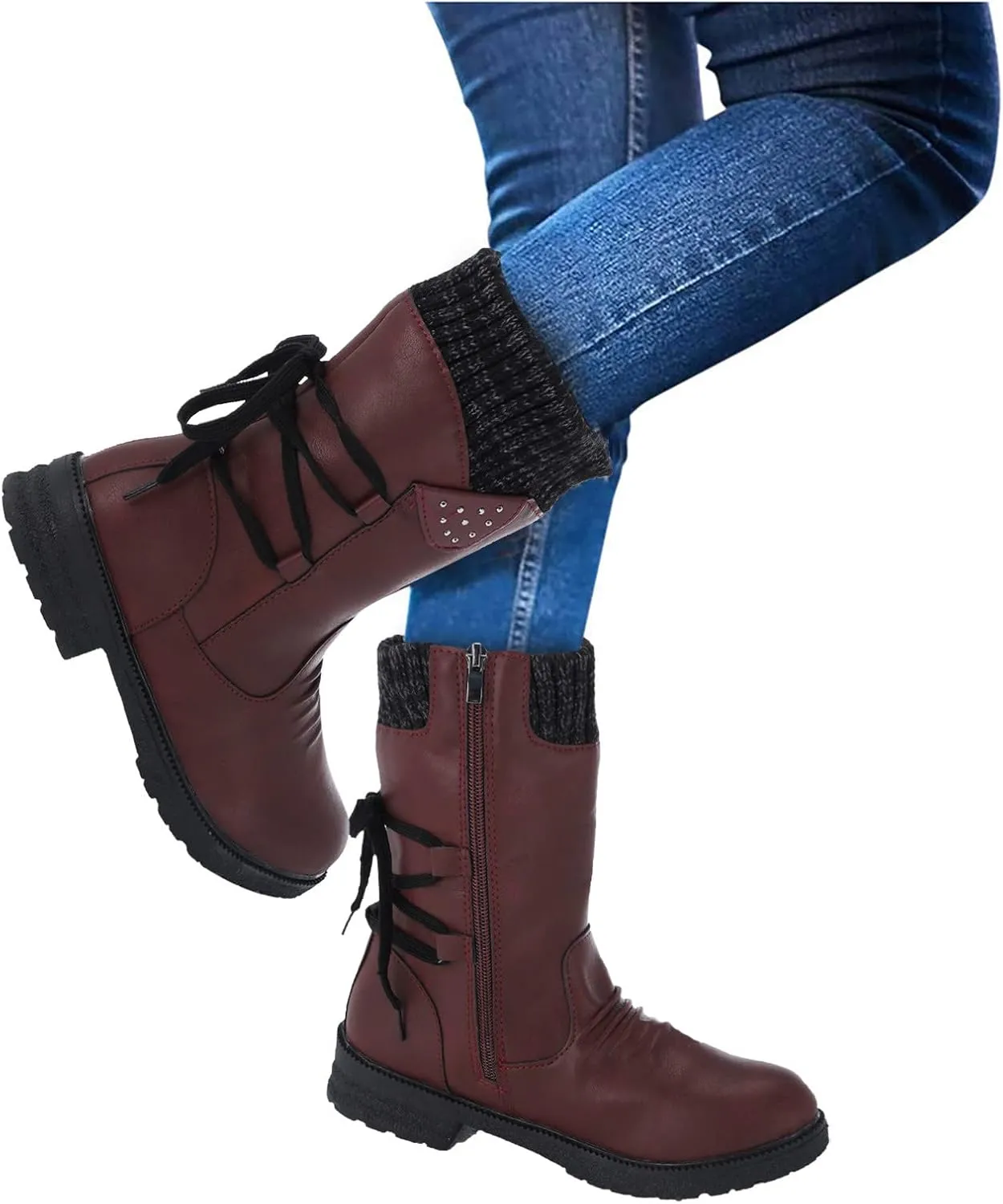 Winter Boots for Women Snow Boots for Women Women Fashion Casual Vintage Retro Lace Up Thick Heels Shoes Snow Boots