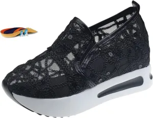 Women Lace Sequin Floral Embroidery Sheer Mesh Platform Wedge Sneakers Slip-On Breathable Non-Slip with Arch Support Low Top Loafers