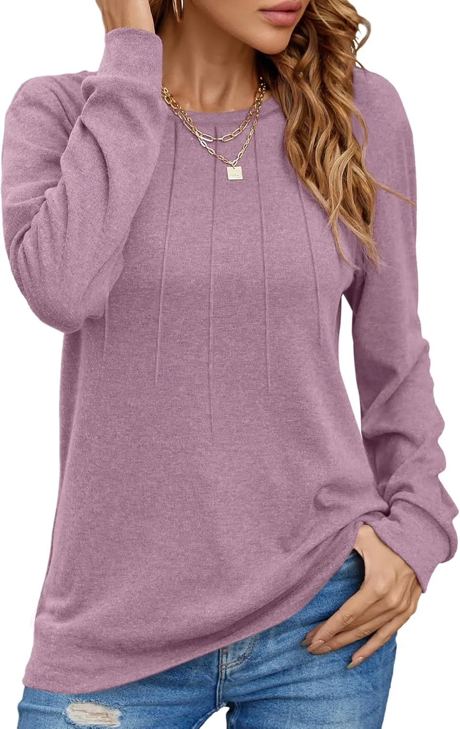 Women Long Sleeve Shirts Casual Tops Dressy Blouses Fashion Pleated Tunic