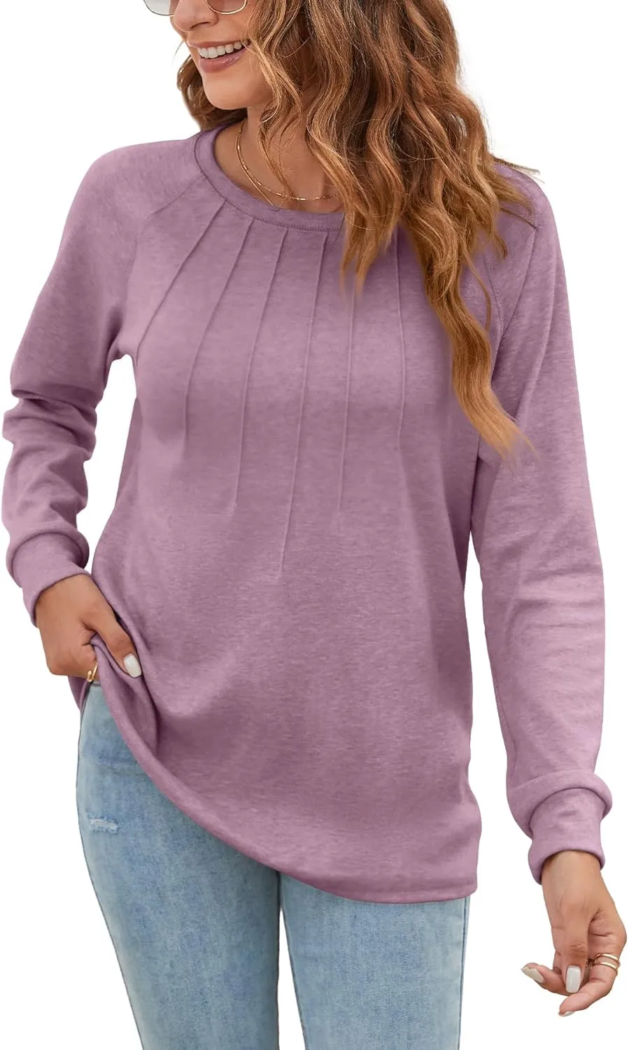 Women Long Sleeve Shirts Casual Tops Dressy Blouses Fashion Pleated Tunic
