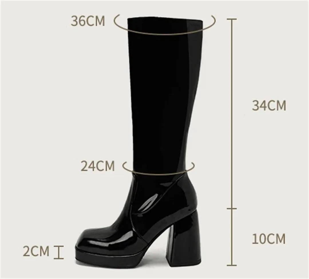 Women Platform Knee High Boots Red Patent Leather Block Heel Ladies Square Toe Zipper Long Boots