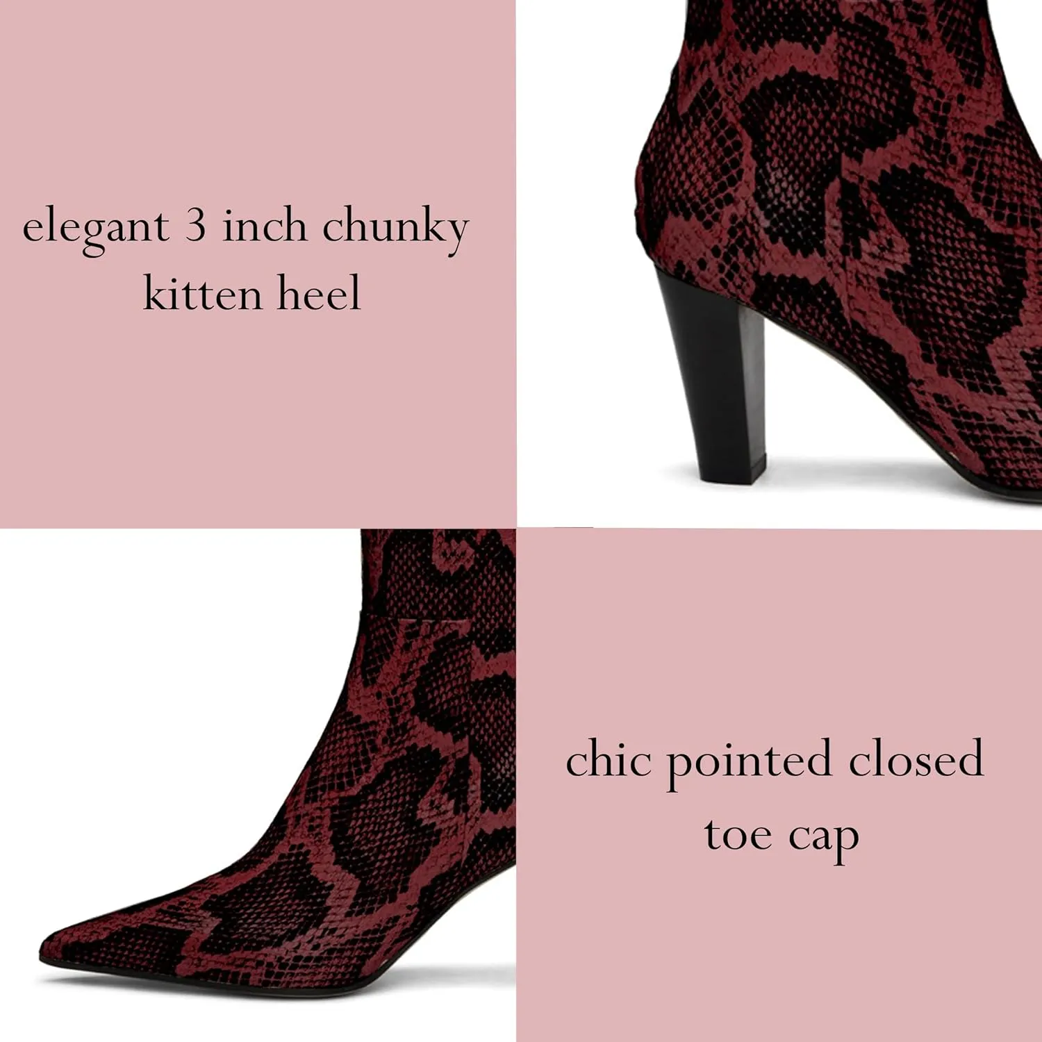 Women Vintage Chunky Block Heel Knee High Western Boots Pointed Closed Toe Snakeskin Boots Back Zipper Under Knee Combat Boots Two-Toned Fall Winter Boot Office Party Dressy Chic 4-11 M US