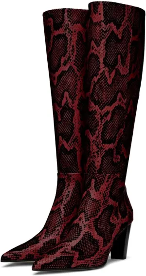 Women Vintage Chunky Block Heel Knee High Western Boots Pointed Closed Toe Snakeskin Boots Back Zipper Under Knee Combat Boots Two-Toned Fall Winter Boot Office Party Dressy Chic 4-11 M US