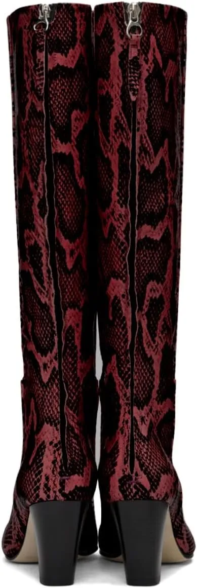 Women Vintage Chunky Block Heel Knee High Western Boots Pointed Closed Toe Snakeskin Boots Back Zipper Under Knee Combat Boots Two-Toned Fall Winter Boot Office Party Dressy Chic 4-11 M US