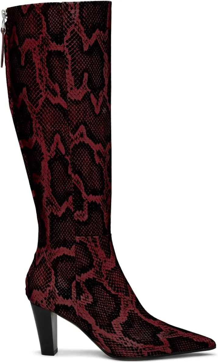 Women Vintage Chunky Block Heel Knee High Western Boots Pointed Closed Toe Snakeskin Boots Back Zipper Under Knee Combat Boots Two-Toned Fall Winter Boot Office Party Dressy Chic 4-11 M US