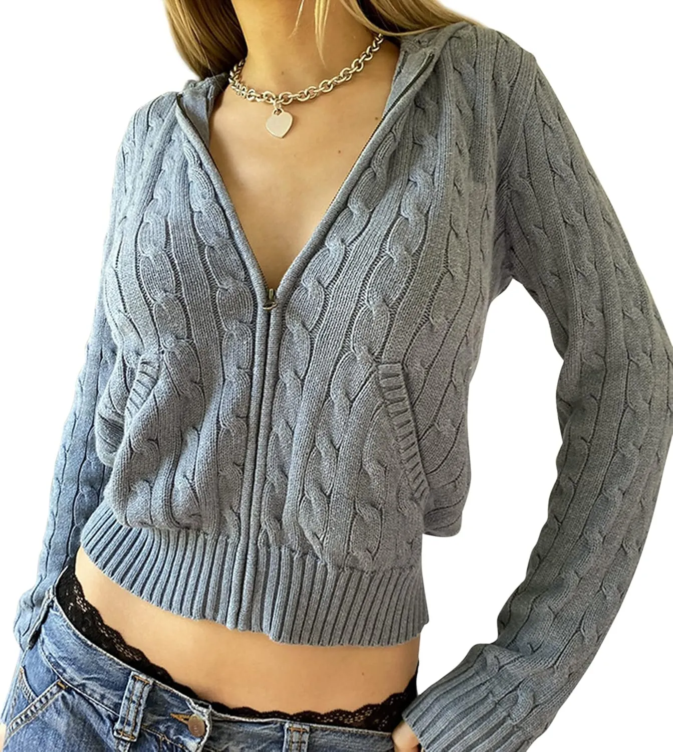 Women Y2k Zip Up Cropped Hoodies Vintage Solid Knit Cardigan Sweater Long Sleeve Drawstring Jacket Fairy Grunge Clothes