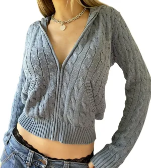 Women Y2k Zip Up Cropped Hoodies Vintage Solid Knit Cardigan Sweater Long Sleeve Drawstring Jacket Fairy Grunge Clothes