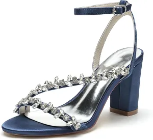 Women's Block Chunky Heel Sandals Ankle Strap Crystal Bridal Wedding Dress Shoes Open Toe Formal Evening Prom Pump