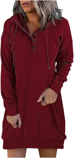 Women's Casual Dresses Fall Winter Fashion Long Sleeve Button Up Hooded Sweatshirt Dress Causal Loose Solid Pullover