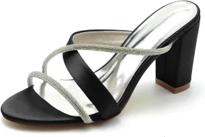Women's Chunky Heels Closed Toe Dress Pumps Shoes Rhinestone Pointed Toe Slingback Wedding Bridal Shoes