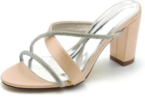 Women's Chunky Heels Closed Toe Dress Pumps Shoes Rhinestone Pointed Toe Slingback Wedding Bridal Shoes
