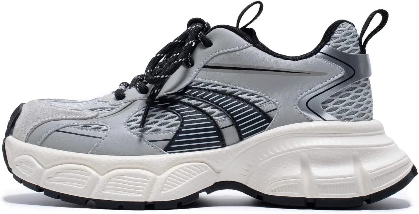 Womens Chunky Sneakers, Fashion Comfortable Round-Toe Sneakers for Women, Leather Lace Up Casual Platform Shoes, Comfortable Tennis Runnig Shoes