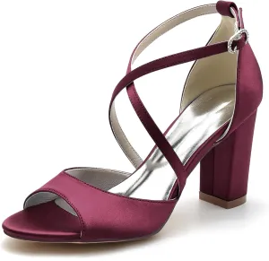 Women's Closed Toe Cross Strap Wedding Shoes for Bride Block Heel Bridal Shoes Satin Prom Party Dress Pumps