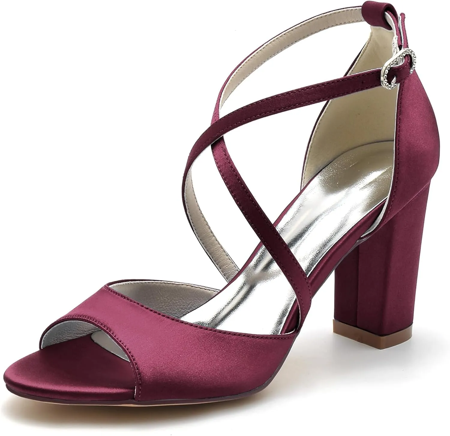 Women's Closed Toe Cross Strap Wedding Shoes for Bride Block Heel Bridal Shoes Satin Prom Party Dress Pumps