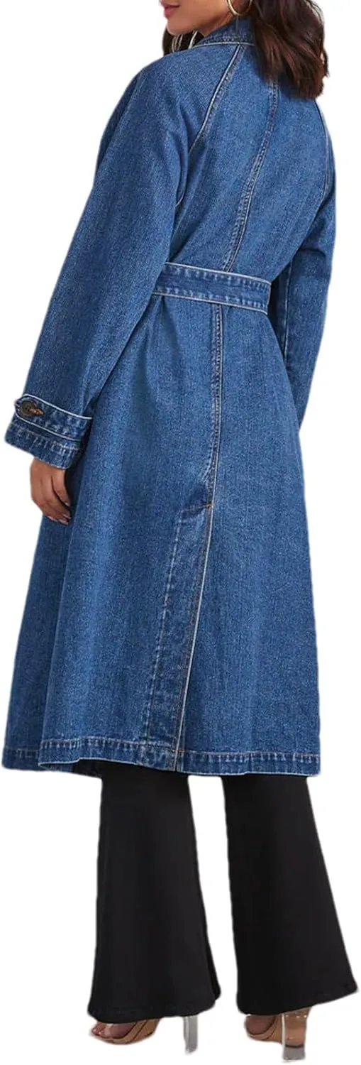 Women's Denim Trench Coat Double Breasted Over Knee Lapel Jean Jacket