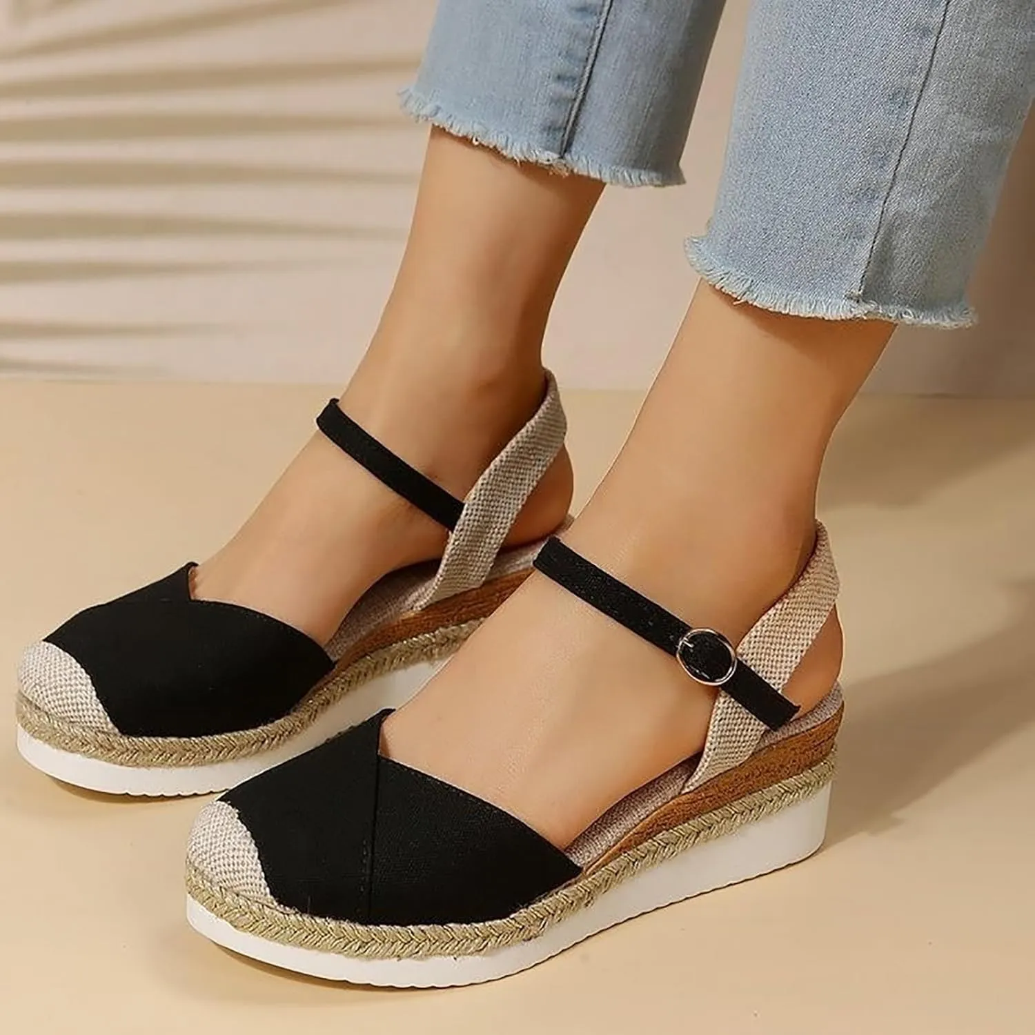 Women's Espadrilles Platform Wedge Sandals, Summer Closed Toe Buckle Ankle Strap Beach Comfortable Walking Shoes