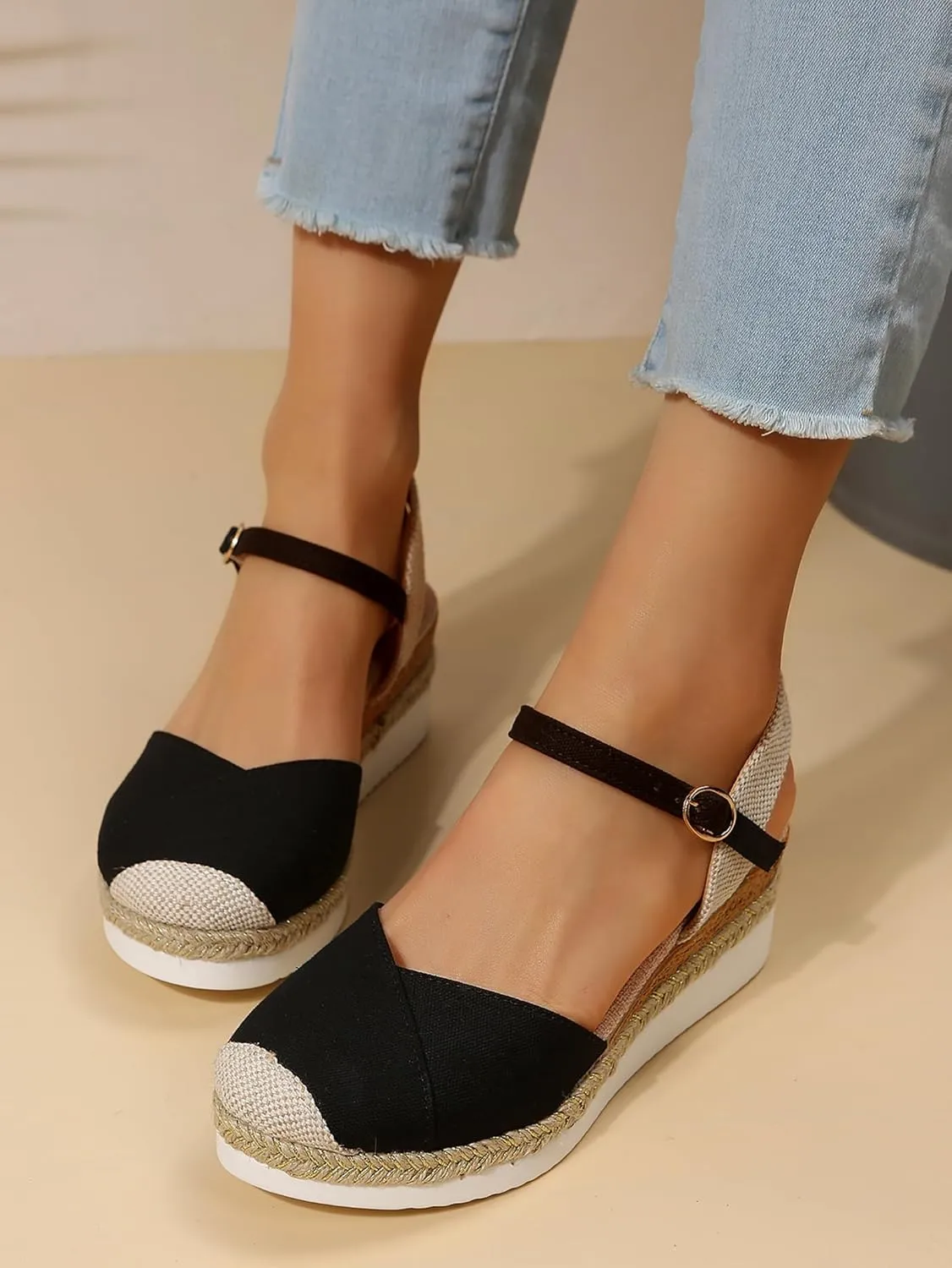 Women's Espadrilles Platform Wedge Sandals, Summer Closed Toe Buckle Ankle Strap Beach Comfortable Walking Shoes