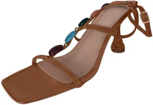 Women's Gemstone Lace Up High Heeled Sandals 2025 Summer Casual Fashion Open Toe Comfy Square Toe High Stilettos Heels Sandals Comfortable Beach Vacation Travel Walking Party Dress Sandals