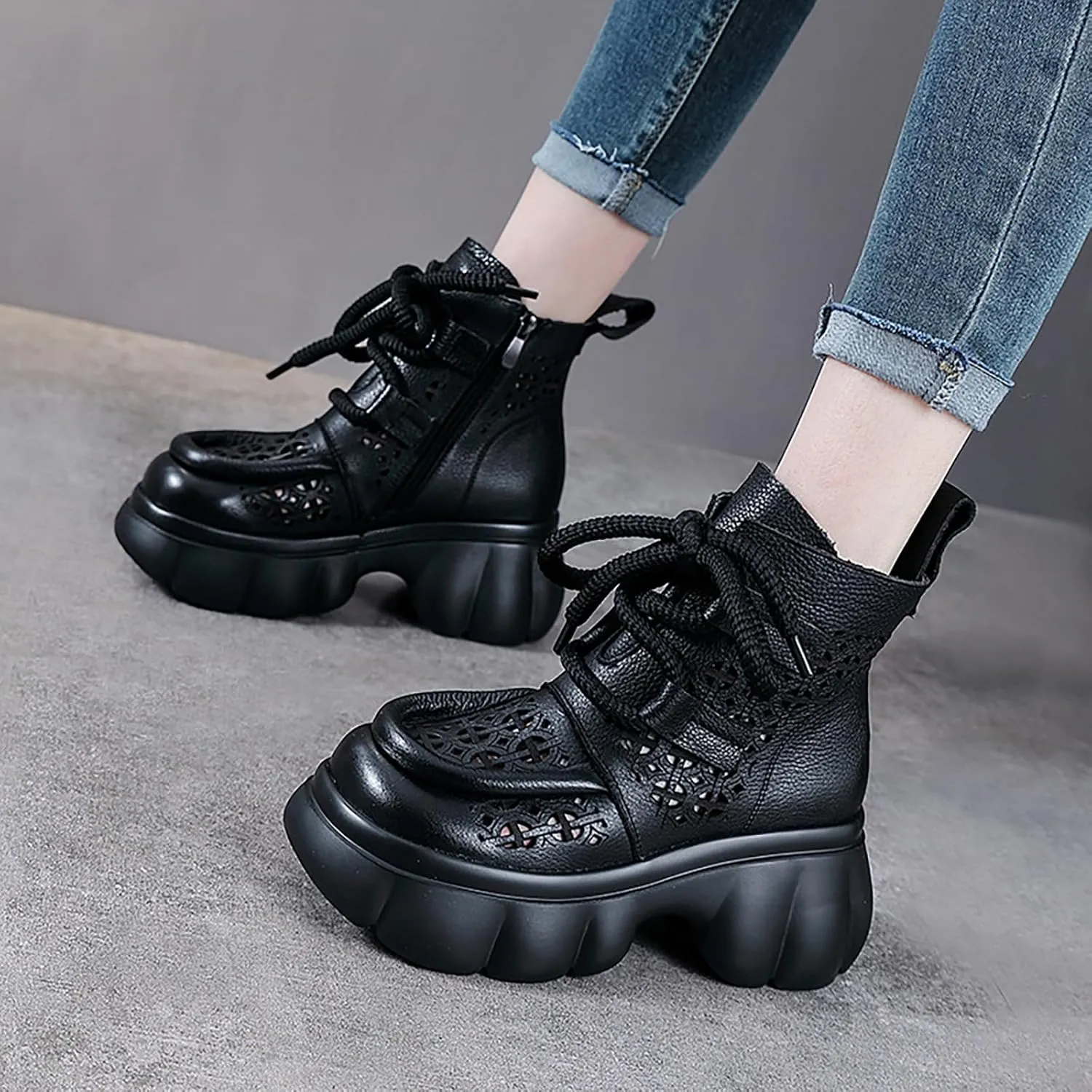 Women's Genuine Leather Lace Up Platform Gladiator Sandals With Side Zipper Comfortable Breathable Closed Toe Lug Sole Chunky Heel Summer Hollow Y2K Ankle Boots