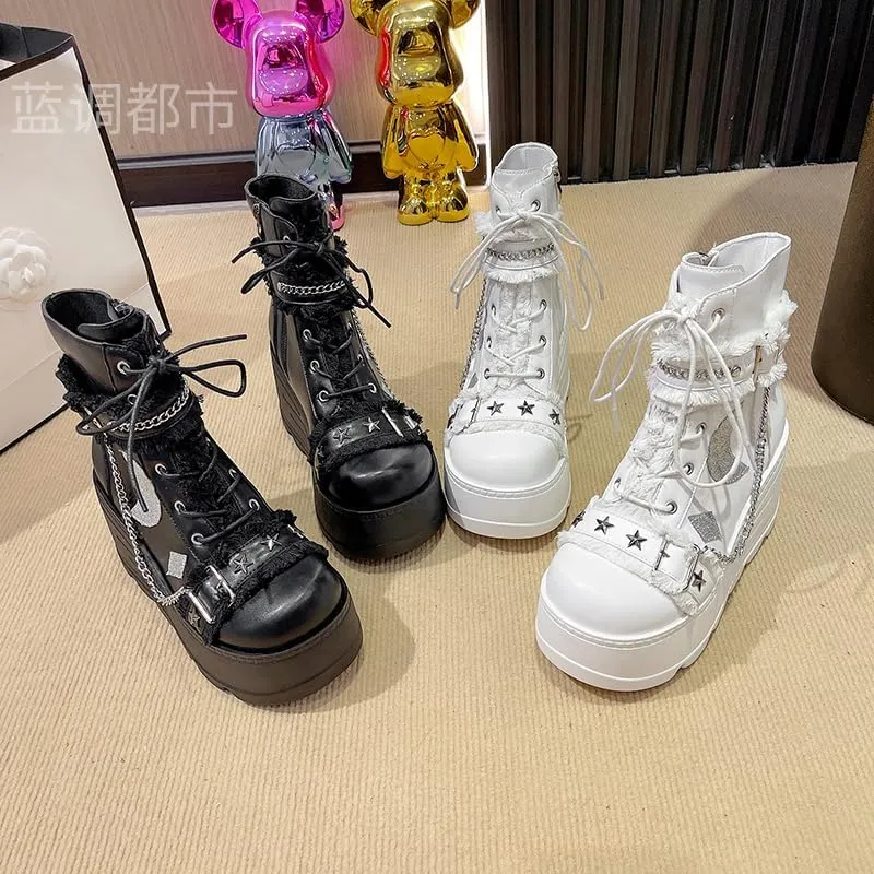 Womens Goth Ankle Booties Square Toe Lace Up Ankle Booties Kawaii Shoes High Heel Round Toe Zipper Wedges Mid Calf Booties