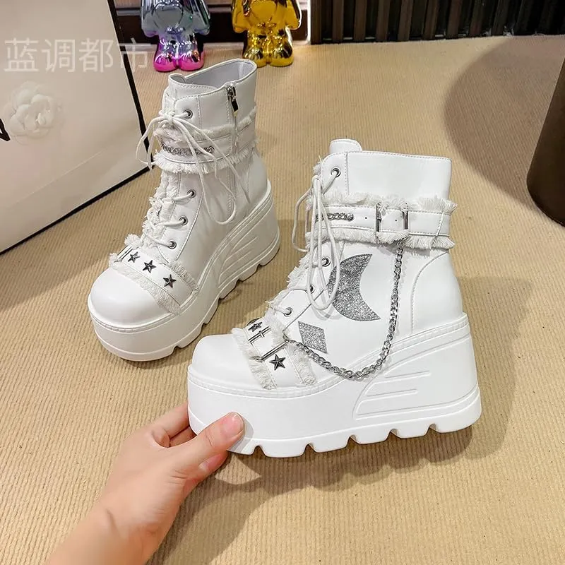 Womens Goth Ankle Booties Square Toe Lace Up Ankle Booties Kawaii Shoes High Heel Round Toe Zipper Wedges Mid Calf Booties
