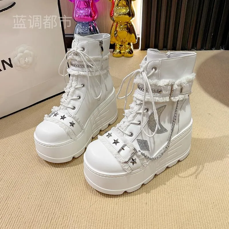 Womens Goth Ankle Booties Square Toe Lace Up Ankle Booties Kawaii Shoes High Heel Round Toe Zipper Wedges Mid Calf Booties