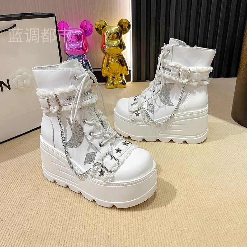 Womens Goth Ankle Booties Square Toe Lace Up Ankle Booties Kawaii Shoes High Heel Round Toe Zipper Wedges Mid Calf Booties