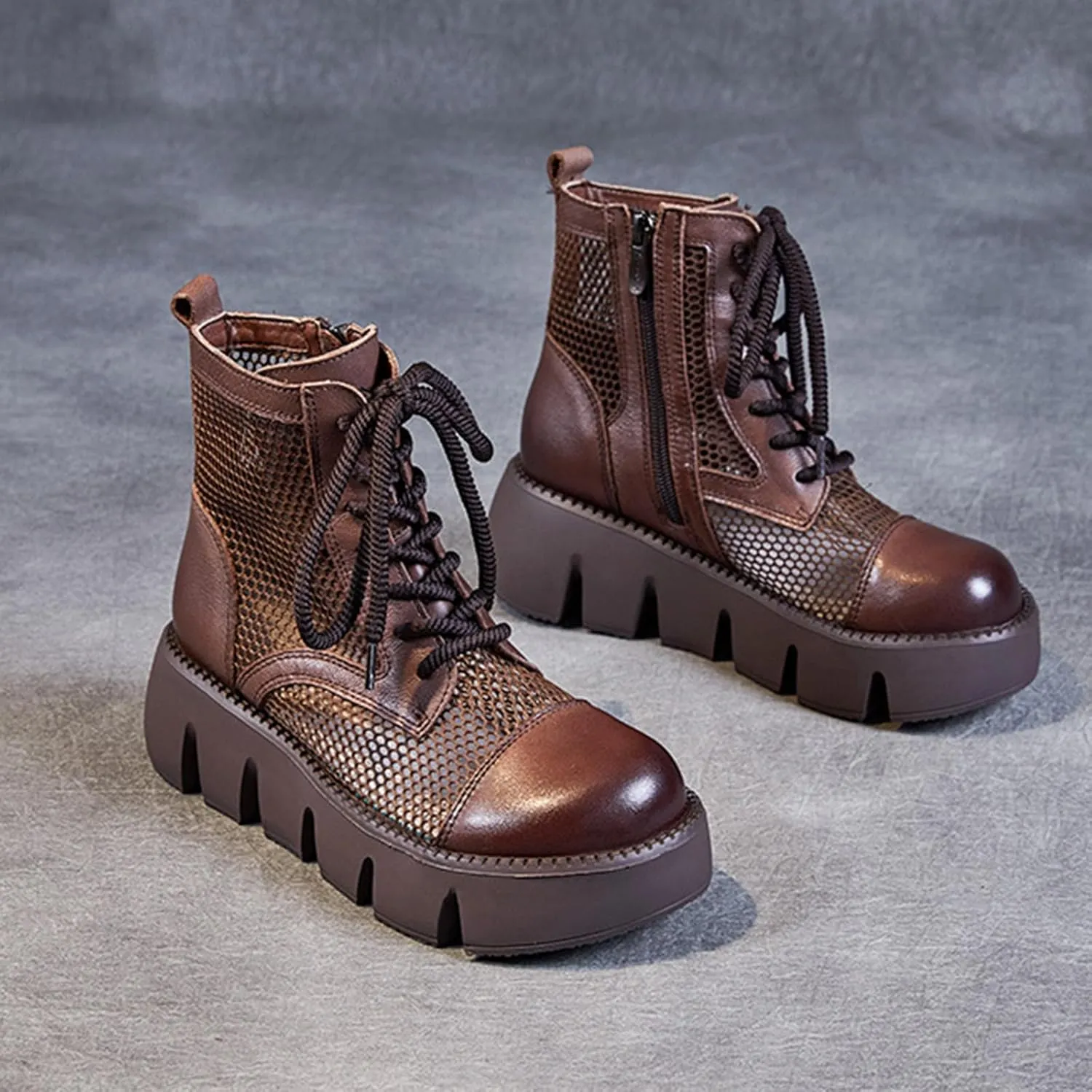 Women's Hollow Mesh Lace Up Platform Ankle Boots,Fashion Round Toe Side Zip Breathable Summer Boot Sandals Casual Non-Slip Punk Booties