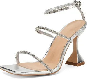 Women's Kitten Heel Rhinestone Sandals Lace Up Square Open Toe Heels Sparkly Sandals with Stiletto Buckle Strap for Dress Party Prom Wedding High Heeled Shoes