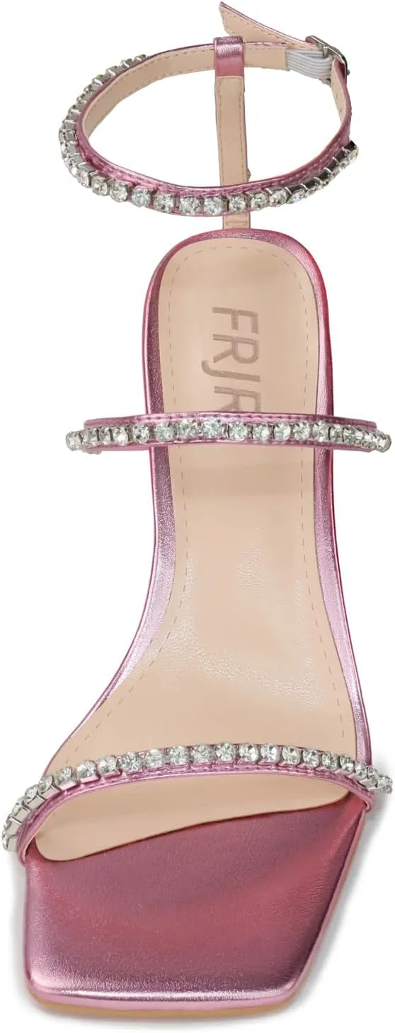 Women's Kitten Heel Rhinestone Sandals Lace Up Square Open Toe Heels Sparkly Sandals with Stiletto Buckle Strap for Dress Party Prom Wedding High Heeled Shoes