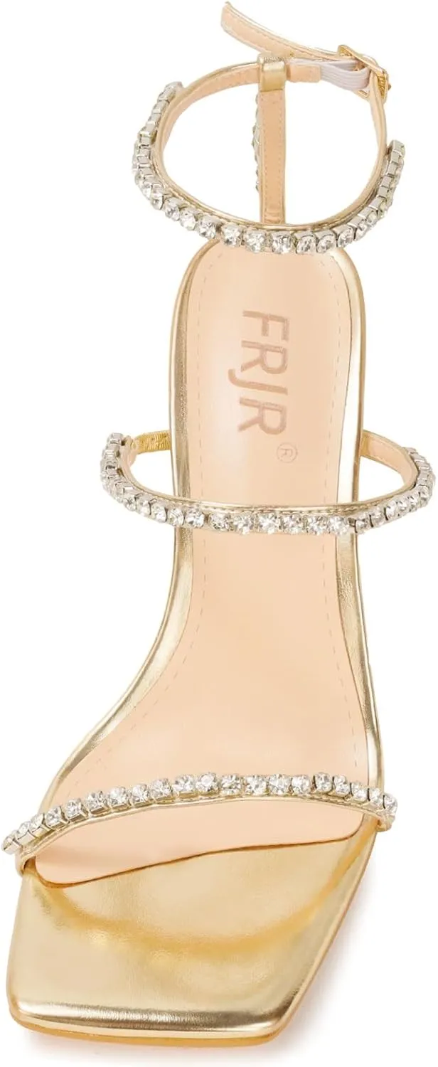 Women's Kitten Heel Rhinestone Sandals Lace Up Square Open Toe Heels Sparkly Sandals with Stiletto Buckle Strap for Dress Party Prom Wedding High Heeled Shoes