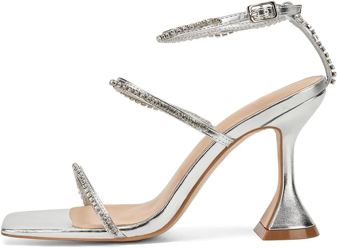Women's Kitten Heel Rhinestone Sandals Lace Up Square Open Toe Heels Sparkly Sandals with Stiletto Buckle Strap for Dress Party Prom Wedding High Heeled Shoes