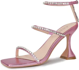 Women's Kitten Heel Rhinestone Sandals Lace Up Square Open Toe Heels Sparkly Sandals with Stiletto Buckle Strap for Dress Party Prom Wedding High Heeled Shoes