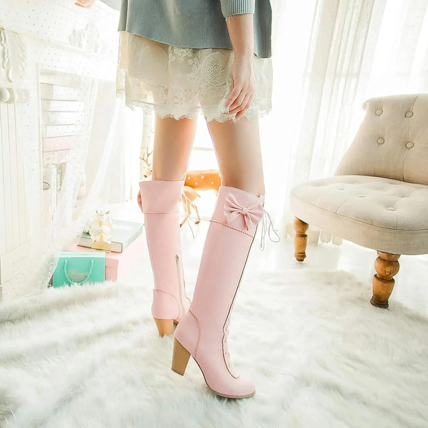 Women's Lace up Knee Length Boots Elegant Bow Layered Thick High Heels Winter Battle Dress Boots