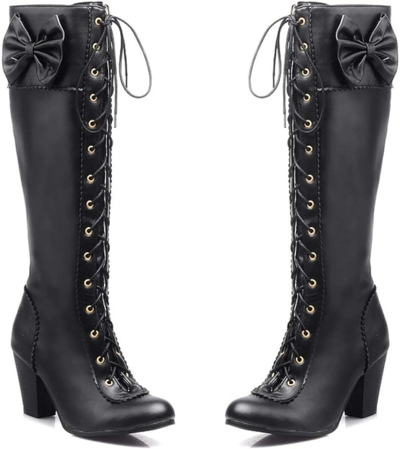 Women's Lace up Knee Length Boots Elegant Bow Layered Thick High Heels Winter Battle Dress Boots
