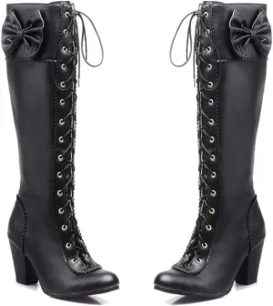 Women's Lace up Knee Length Boots Elegant Bow Layered Thick High Heels Winter Battle Dress Boots