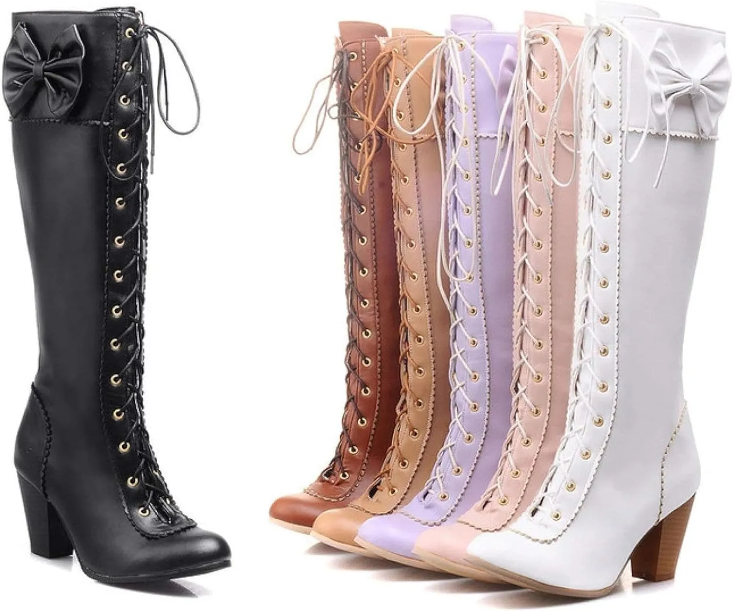 Women's Lace up Knee Length Boots Elegant Bow Layered Thick High Heels Winter Battle Dress Boots