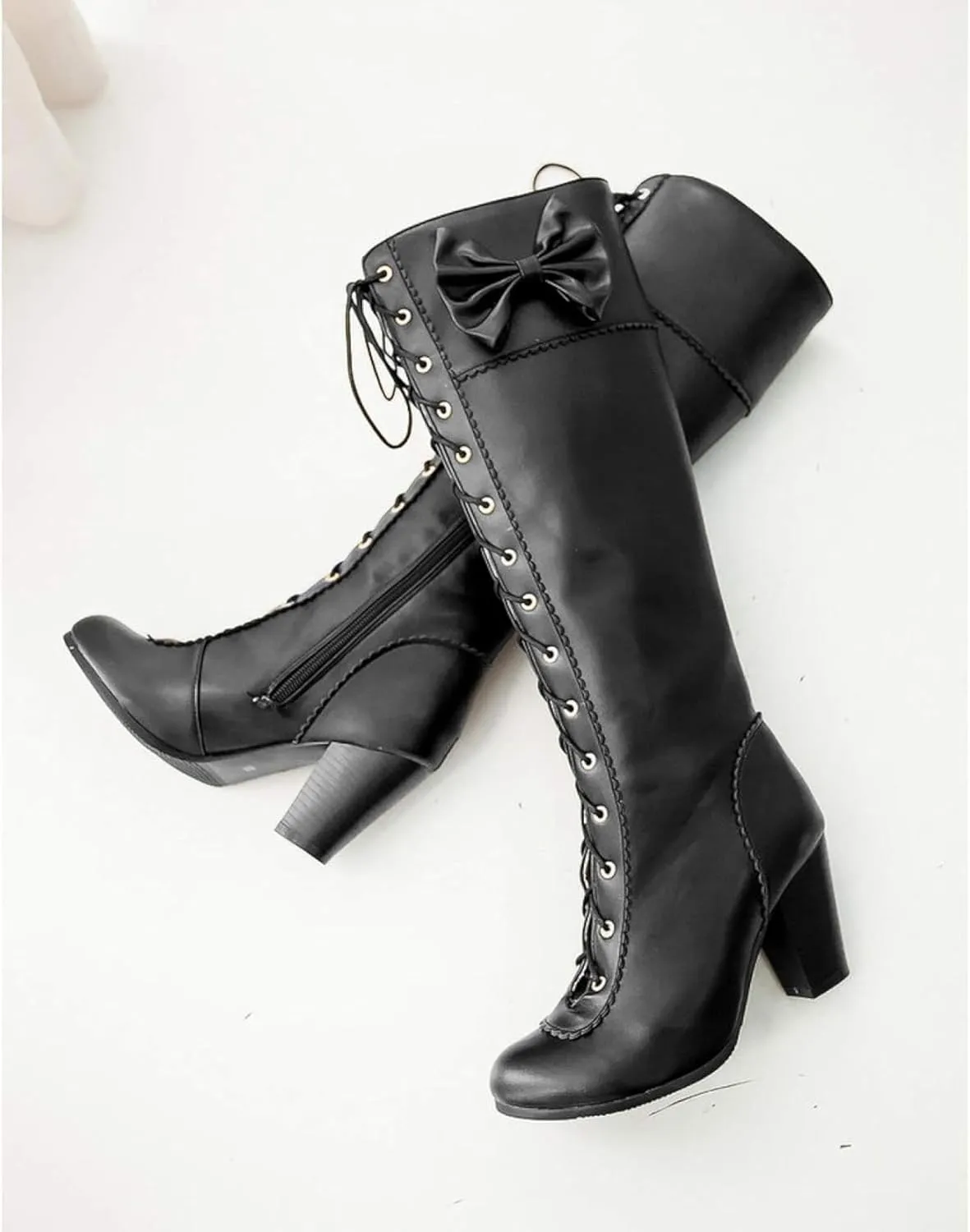Women's Lace up Knee Length Boots Elegant Bow Layered Thick High Heels Winter Battle Dress Boots
