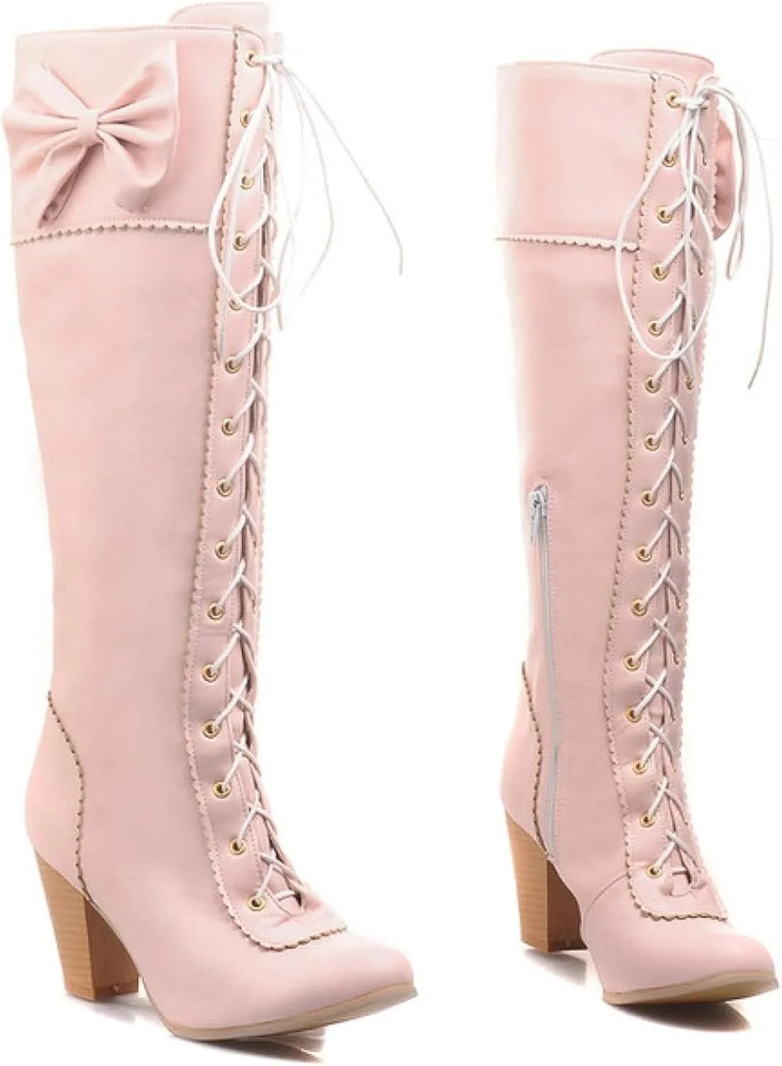 Women's Lace up Knee Length Boots Elegant Bow Layered Thick High Heels Winter Battle Dress Boots